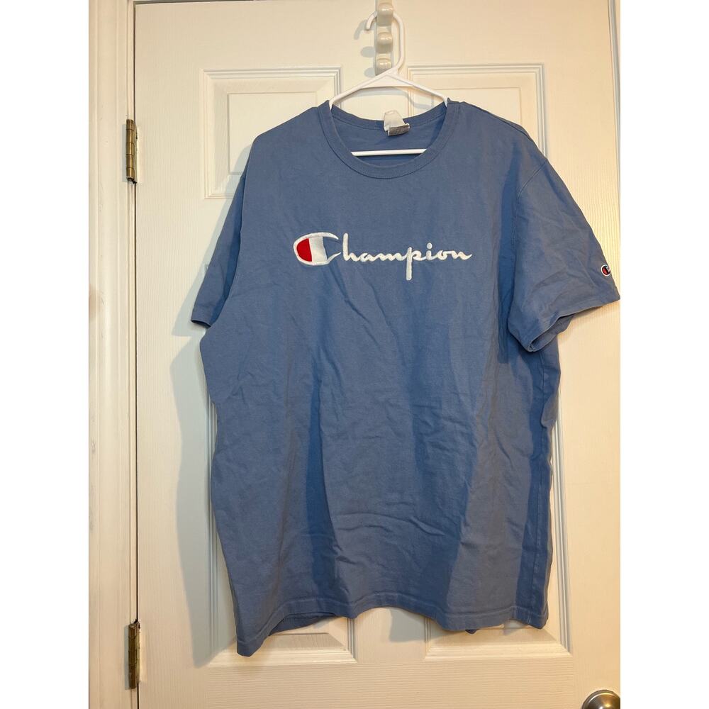 Champion Light Blue Script Logo Short Sleeve Shirt Men’s Sz: 2XL